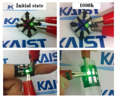 KAIST 최경철 교수 연구팀과 코오롱글로텍이 공동으로 개발한 직물 OLED의 동작 실험 모습으로, 옷처럼 편하게 입으면서 디스플레이를 구현할 수 있다. KAIST 제공